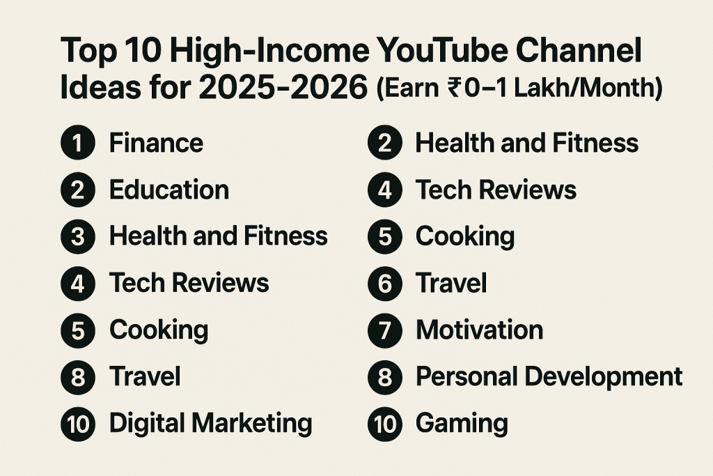 Top 10 High-Income YouTube Channel Ideas for 2025- 2026 (Earn ₹0–1 LakhMonth)